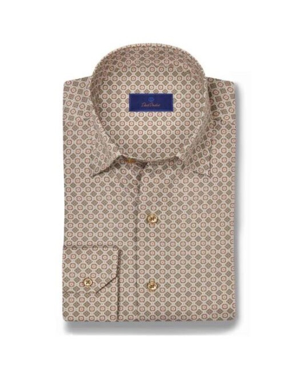 David Donahue Men's Button Up Shirt Beige Patterned